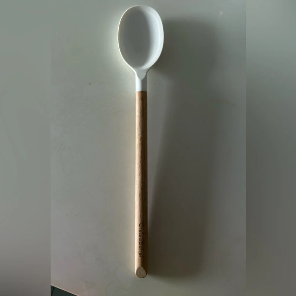 Crate & Barrel White Silicone and Wood Spoon